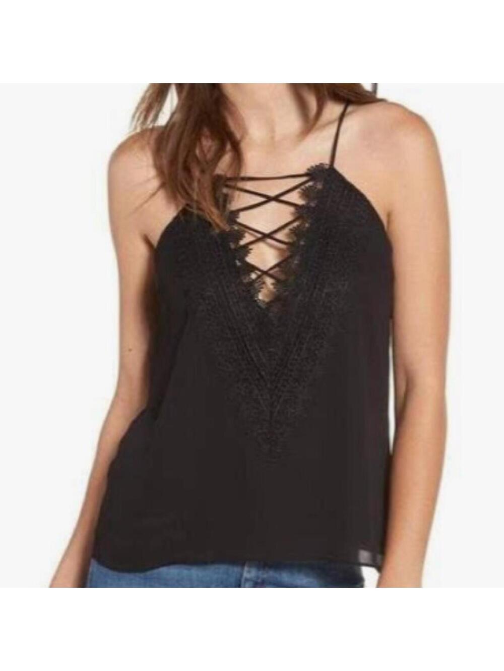 3013 Wayf deep V-neck criss cross lace cami BLACK sz S